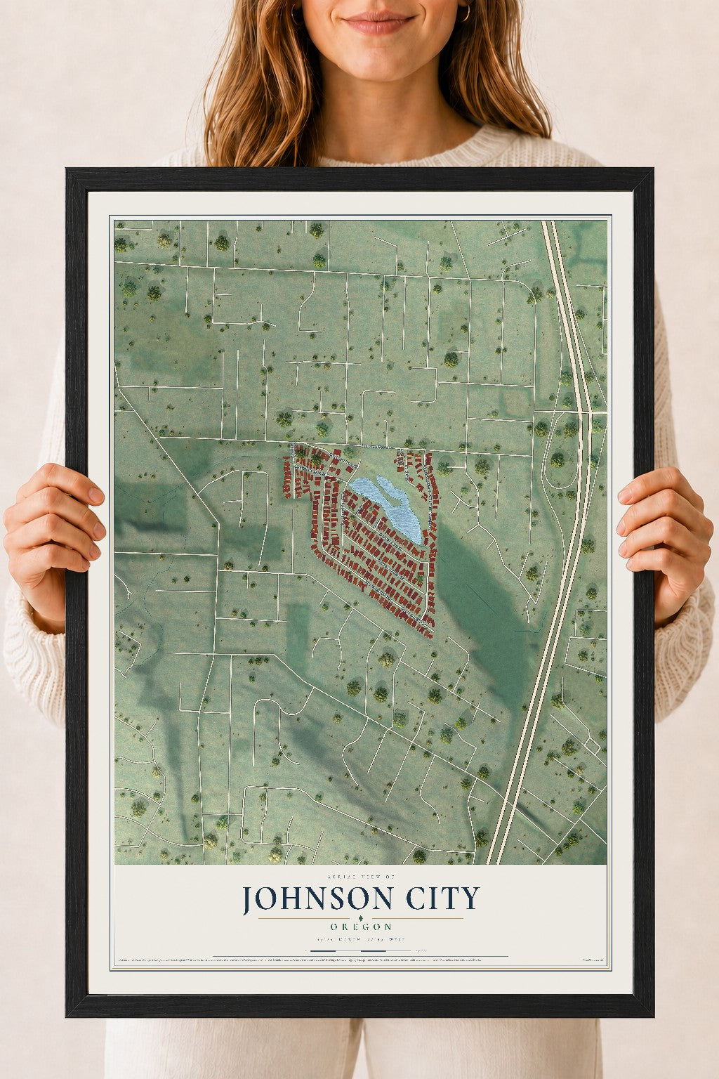 Map of Johnson City, Oregon, 18 x 24 inch print in a black wood frame