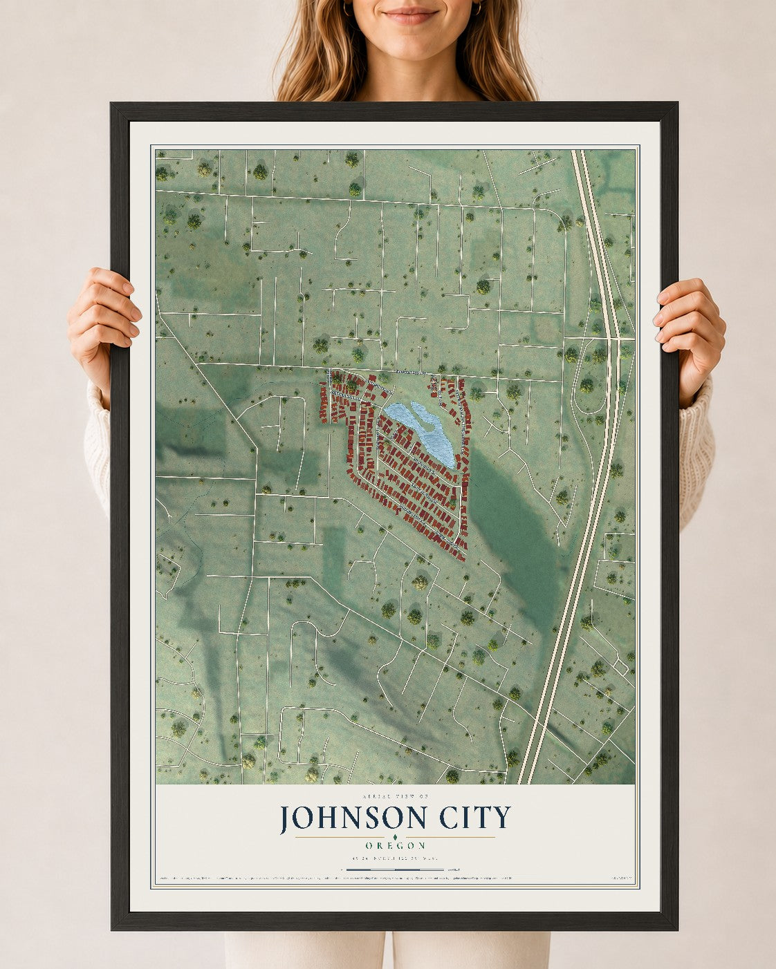 Map of Johnson City, Oregon, 24 x 36 inch print in a black wood frame