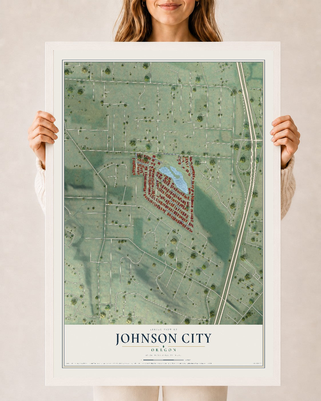 Map of Johnson City, Oregon, 24 x 36 inch print in a white wood frame