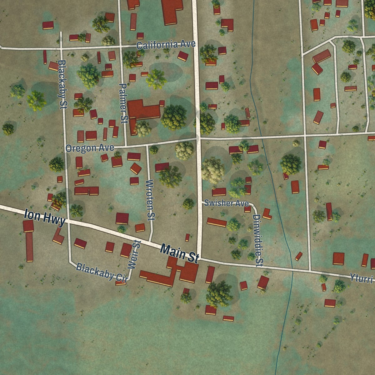 Close-up of the map of Jordan Valley, Oregon print showing street and building detail