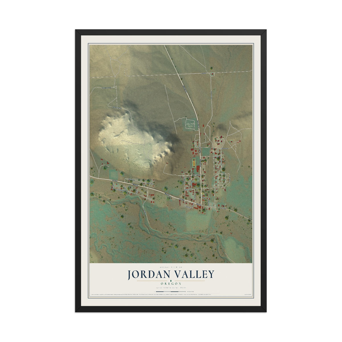 Map of Jordan Valley, Oregon, 12 x 18 inch print in a black wood frame