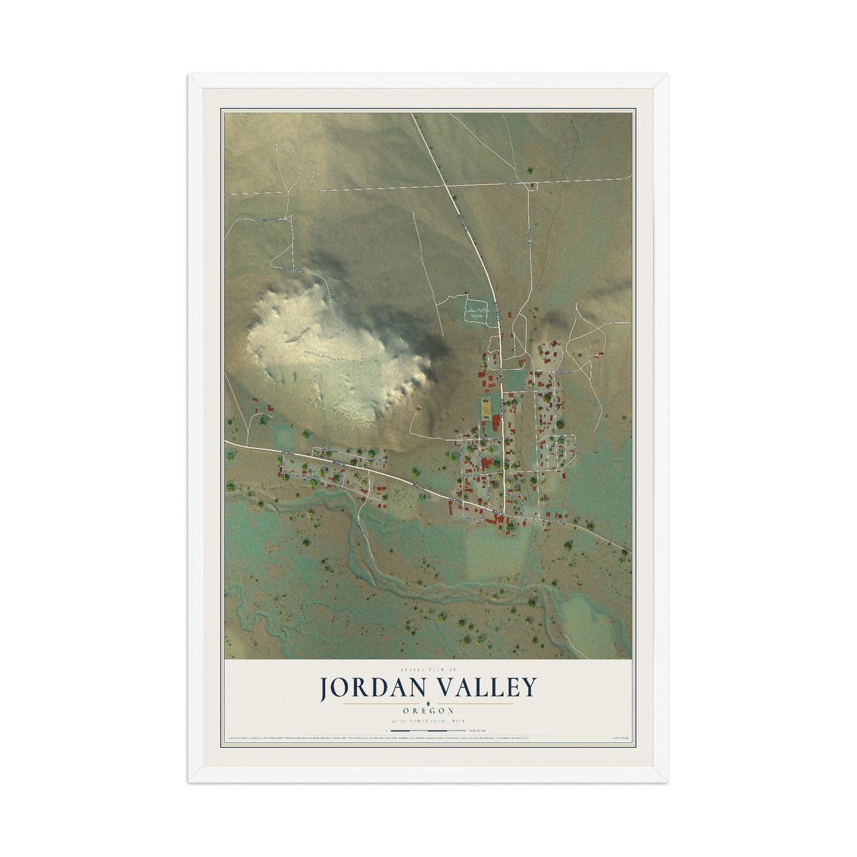 Map of Jordan Valley, Oregon, 12 x 18 inch print in a white wood frame