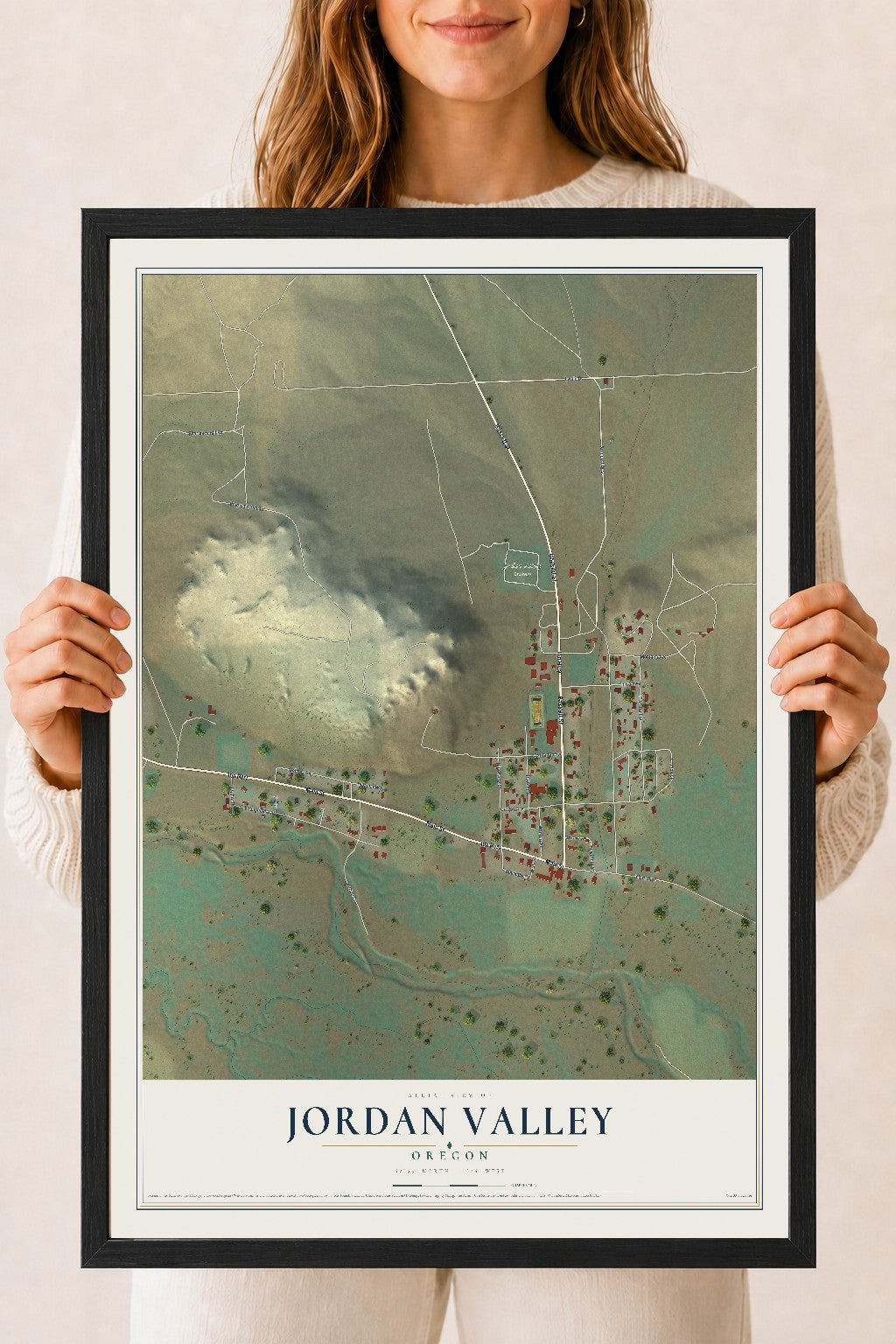 Map of Jordan Valley, Oregon, 18 x 24 inch print in a black wood frame