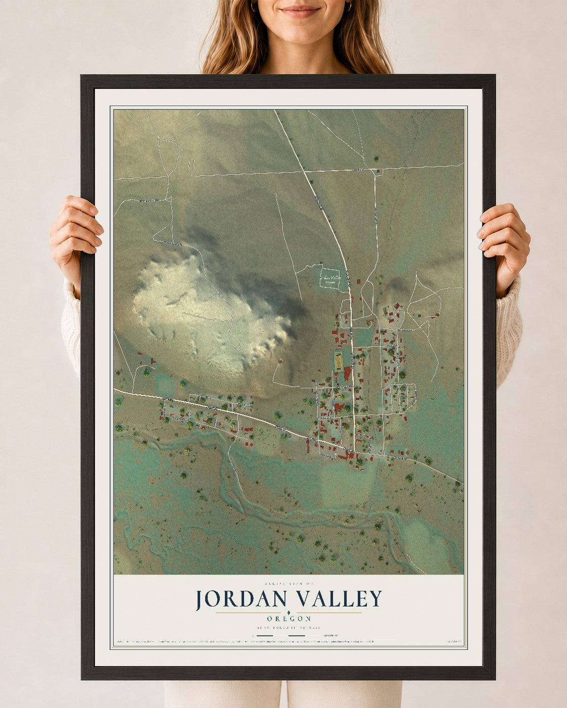 Map of Jordan Valley, Oregon, 24 x 36 inch print in a black wood frame