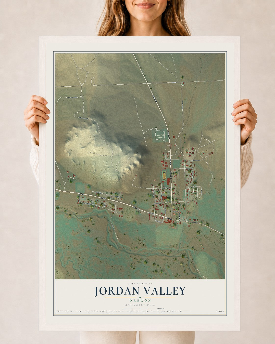 Map of Jordan Valley, Oregon, 24 x 36 inch print in a white wood frame