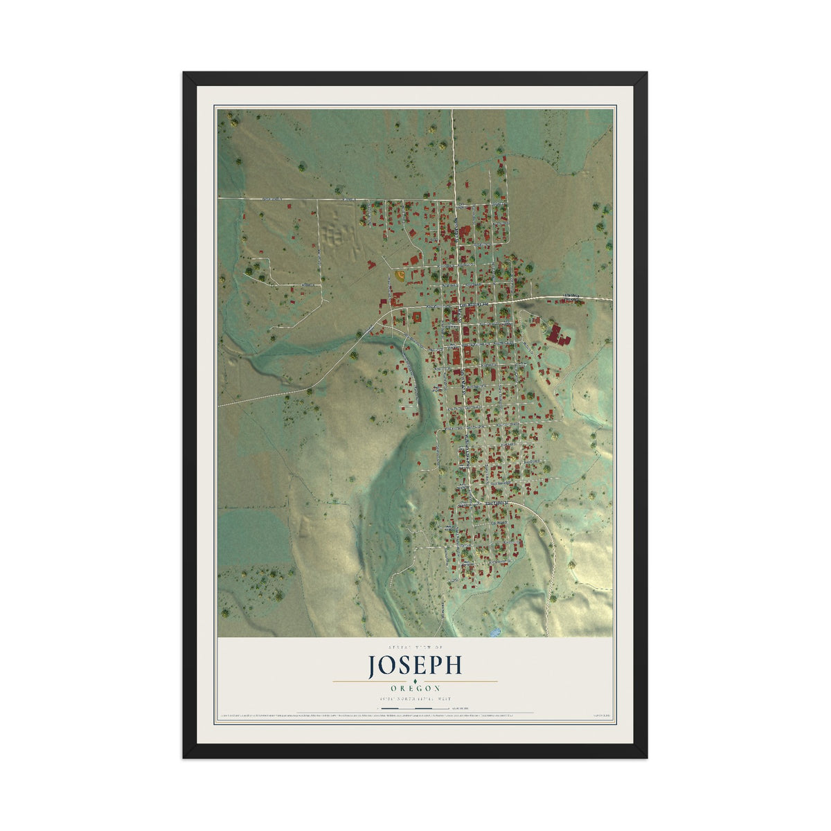 Map of Joseph, Oregon, 12 x 18 inch print in a black wood frame