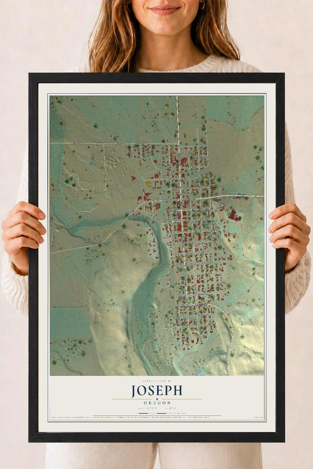 Map of Joseph, Oregon, 18 x 24 inch print in a black wood frame
