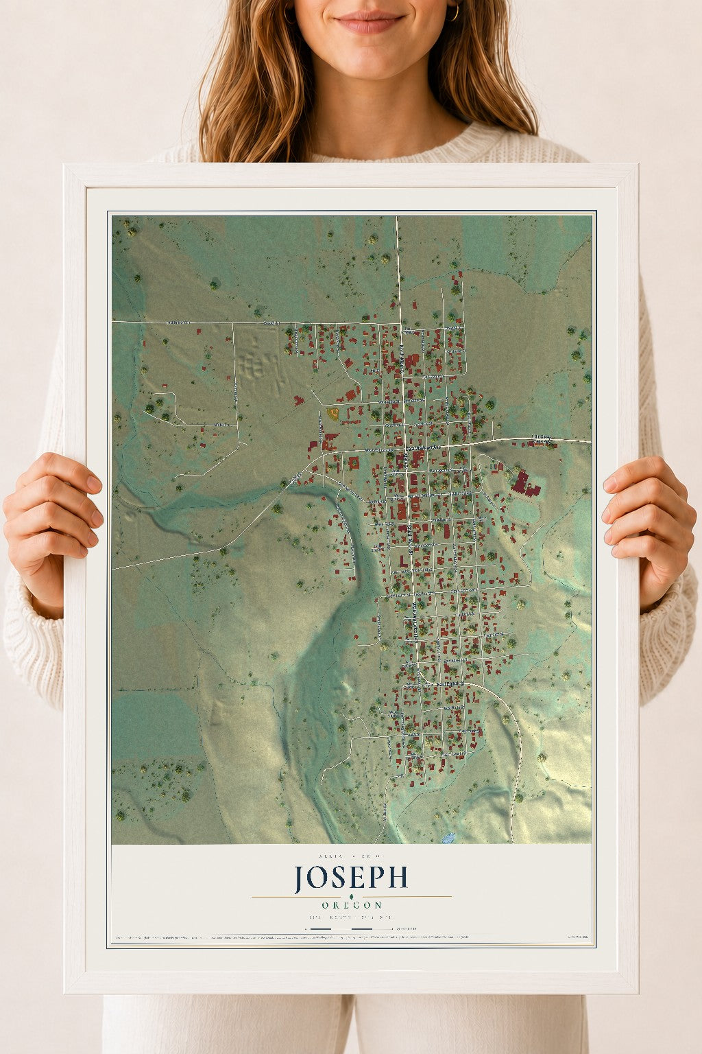 Map of Joseph, Oregon, 18 x 24 inch print in a white wood frame