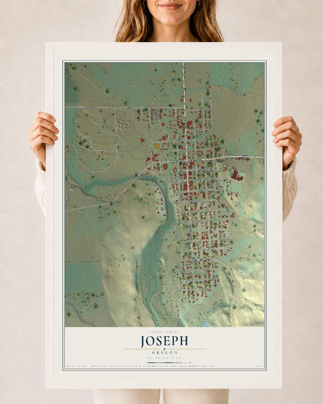 Map of Joseph, Oregon, 24 x 36 inch print in a white wood frame