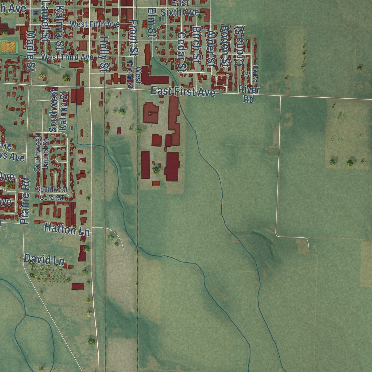 Second close-up of the map of Junction City, Oregon print showing more streets and buildings