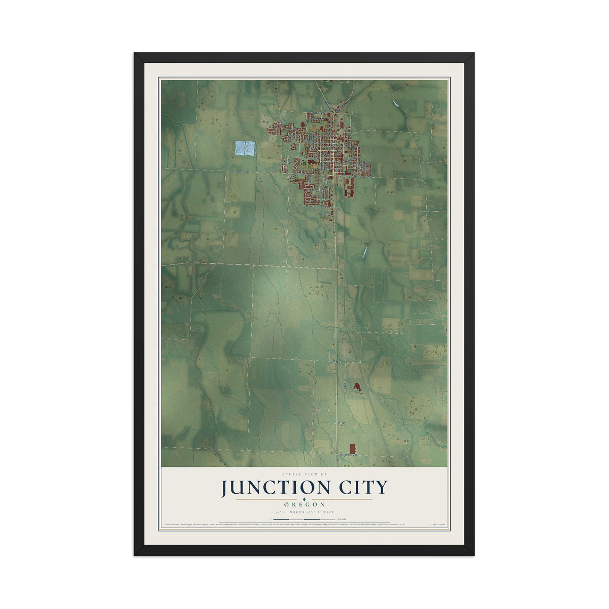 Map of Junction City, Oregon, 12 x 18 inch print in a black wood frame