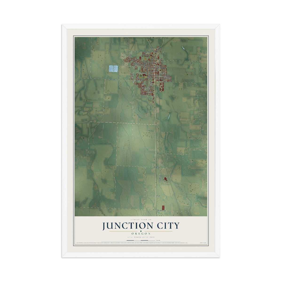 Map of Junction City, Oregon, 12 x 18 inch print in a white wood frame