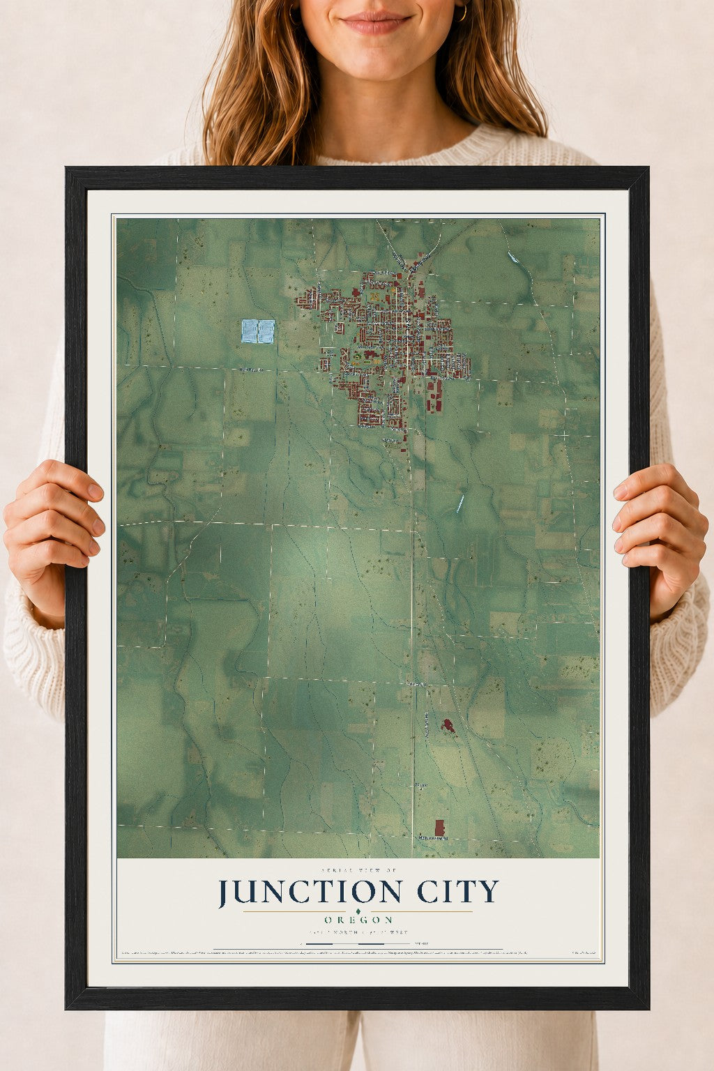 Map of Junction City, Oregon, 18 x 24 inch print in a black wood frame