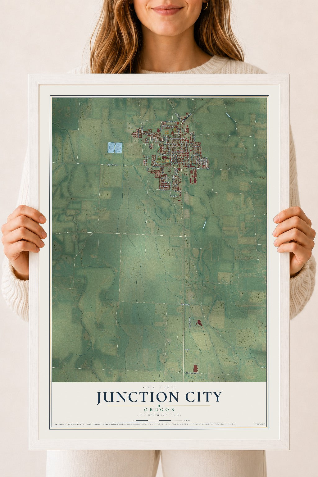 Map of Junction City, Oregon, 18 x 24 inch print in a white wood frame