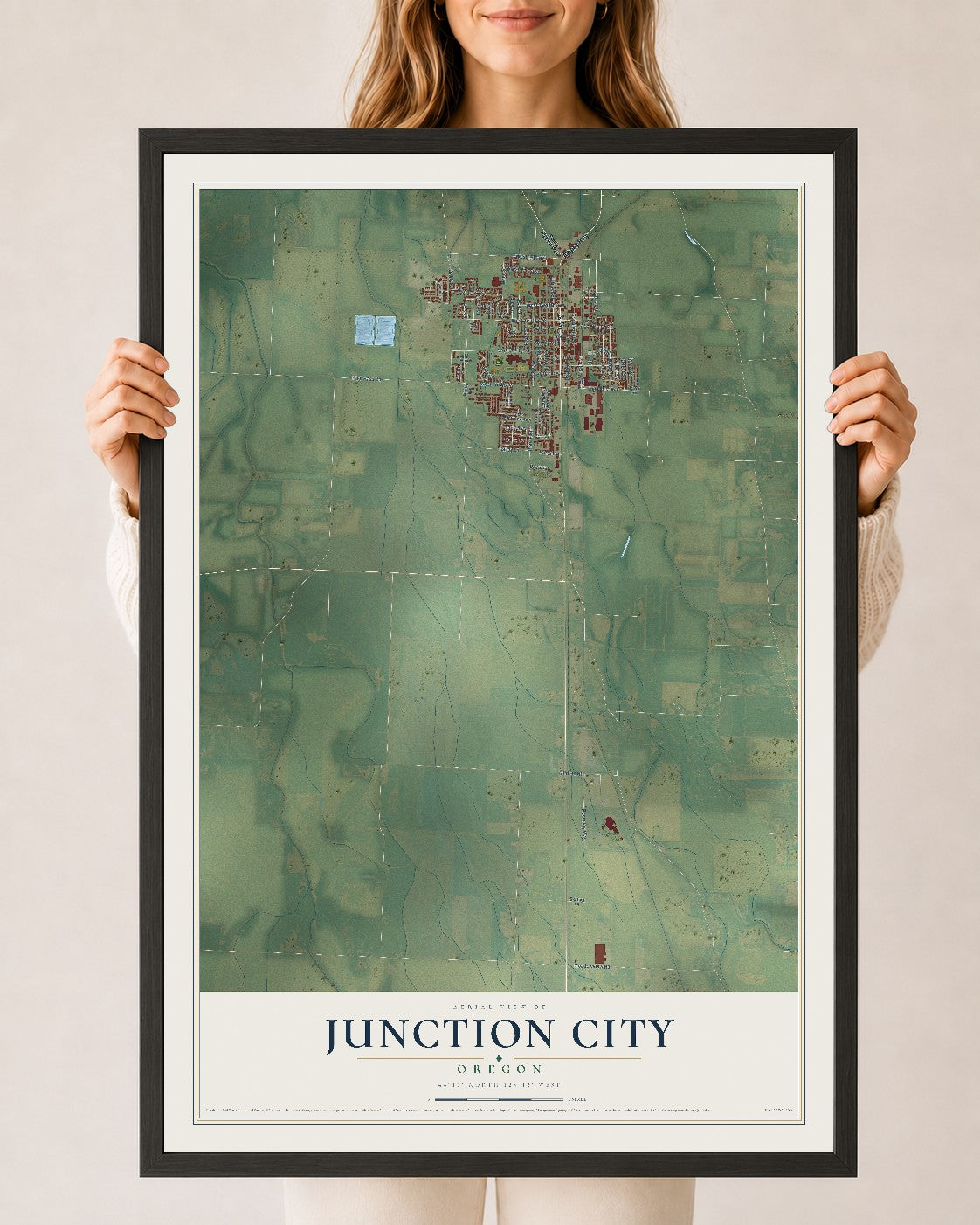 Map of Junction City, Oregon, 24 x 36 inch print in a black wood frame