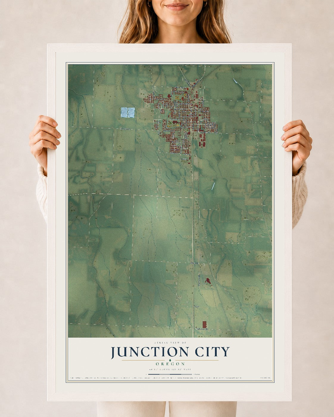 Map of Junction City, Oregon, 24 x 36 inch print in a white wood frame