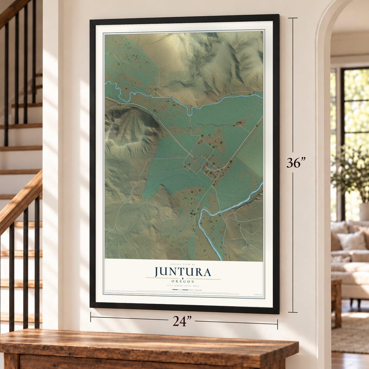 Juntura, Oregon map, 24 x 36 inch print in a black frame by a staircase