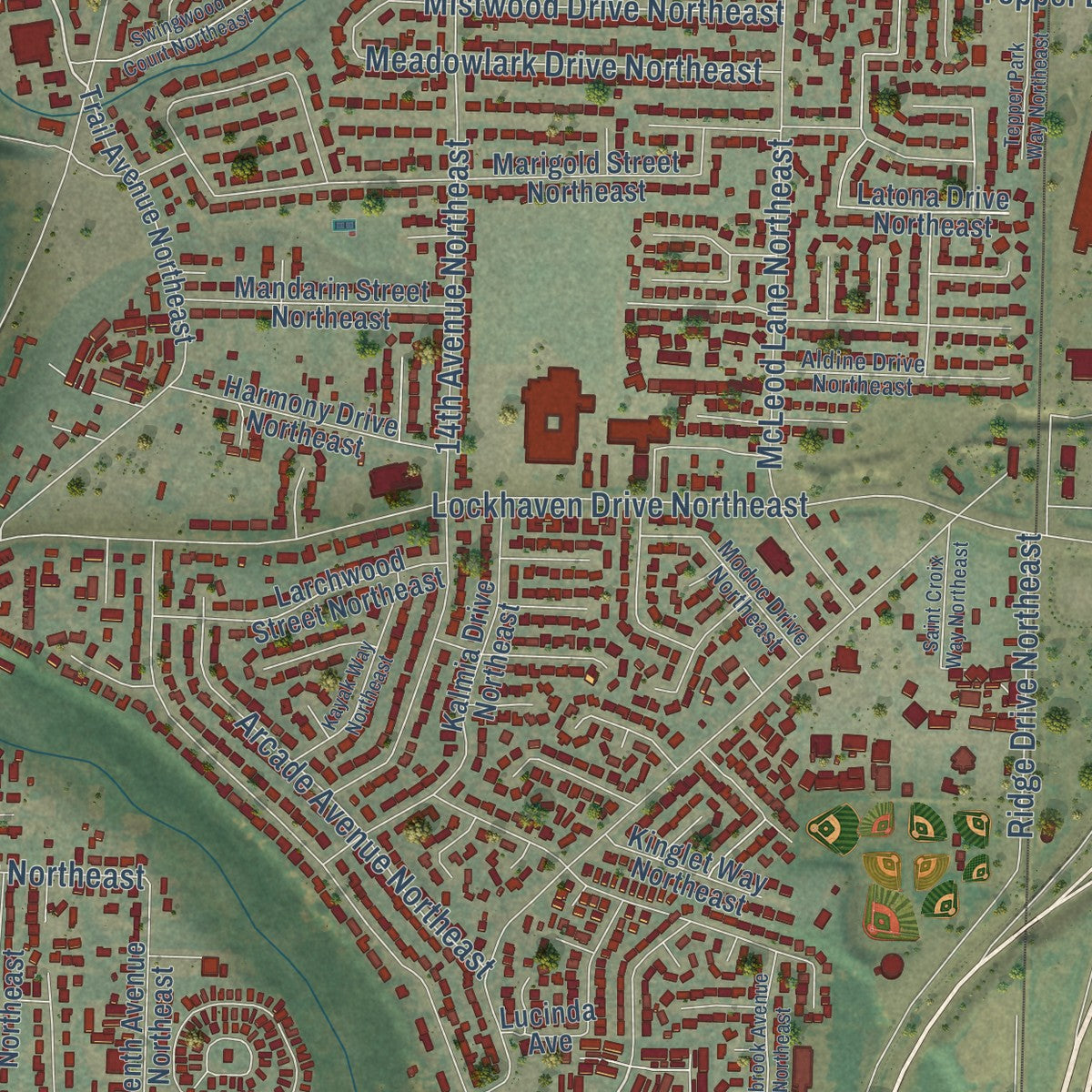 Close-up of the map of Keizer, Oregon print showing street and building detail