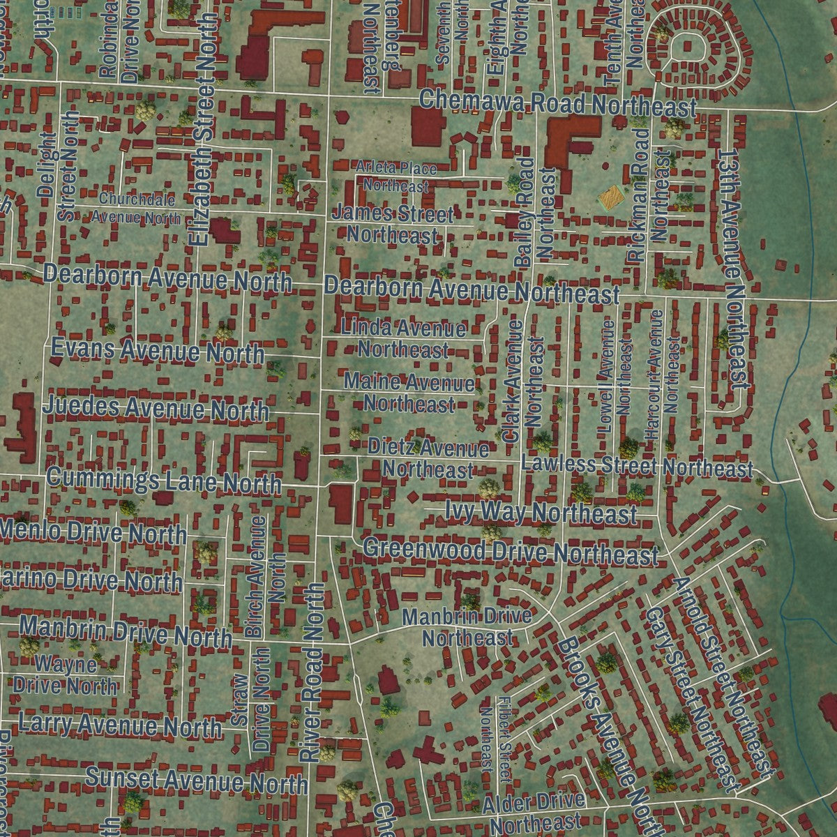 Second close-up of the map of Keizer, Oregon print showing more streets and buildings
