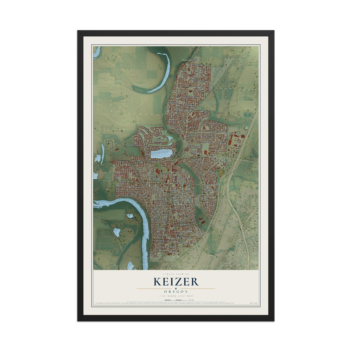 Map of Keizer, Oregon, 12 x 18 inch print in a black wood frame