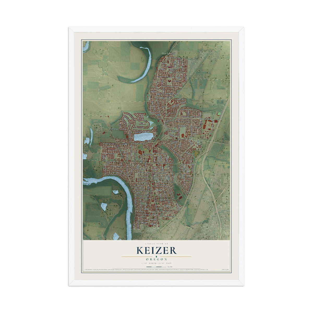 Map of Keizer, Oregon, 12 x 18 inch print in a white wood frame
