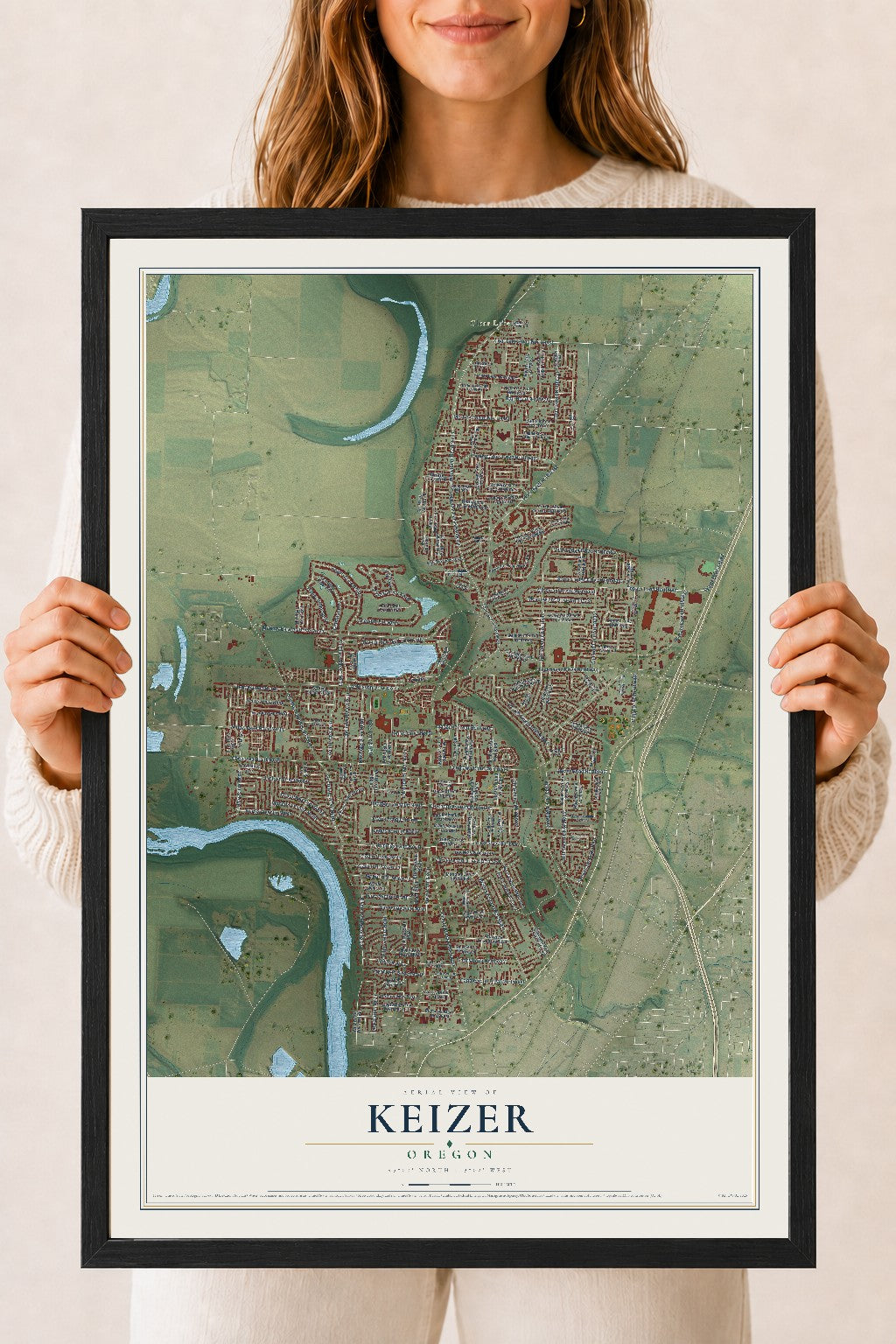Map of Keizer, Oregon, 18 x 24 inch print in a black wood frame