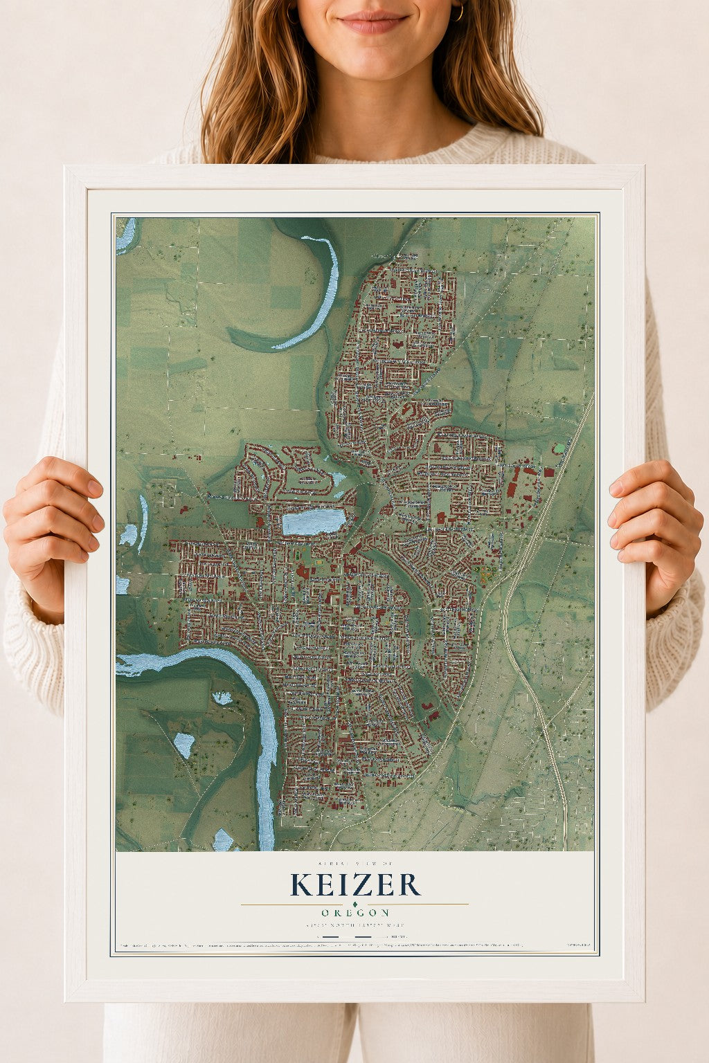 Map of Keizer, Oregon, 18 x 24 inch print in a white wood frame