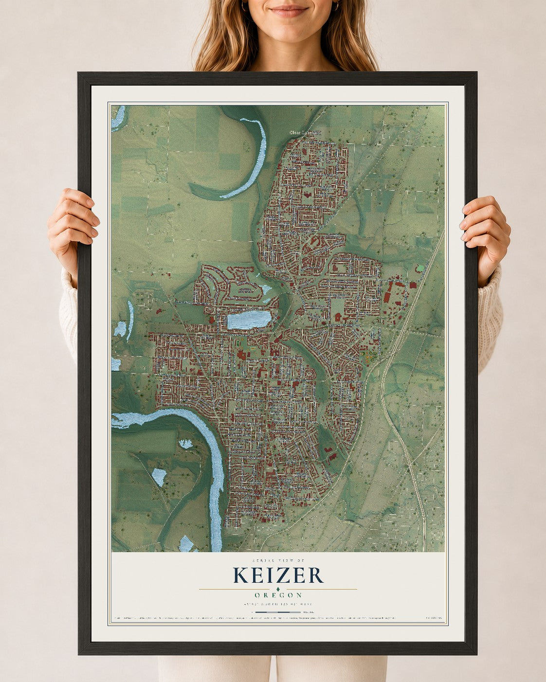 Map of Keizer, Oregon, 24 x 36 inch print in a black wood frame