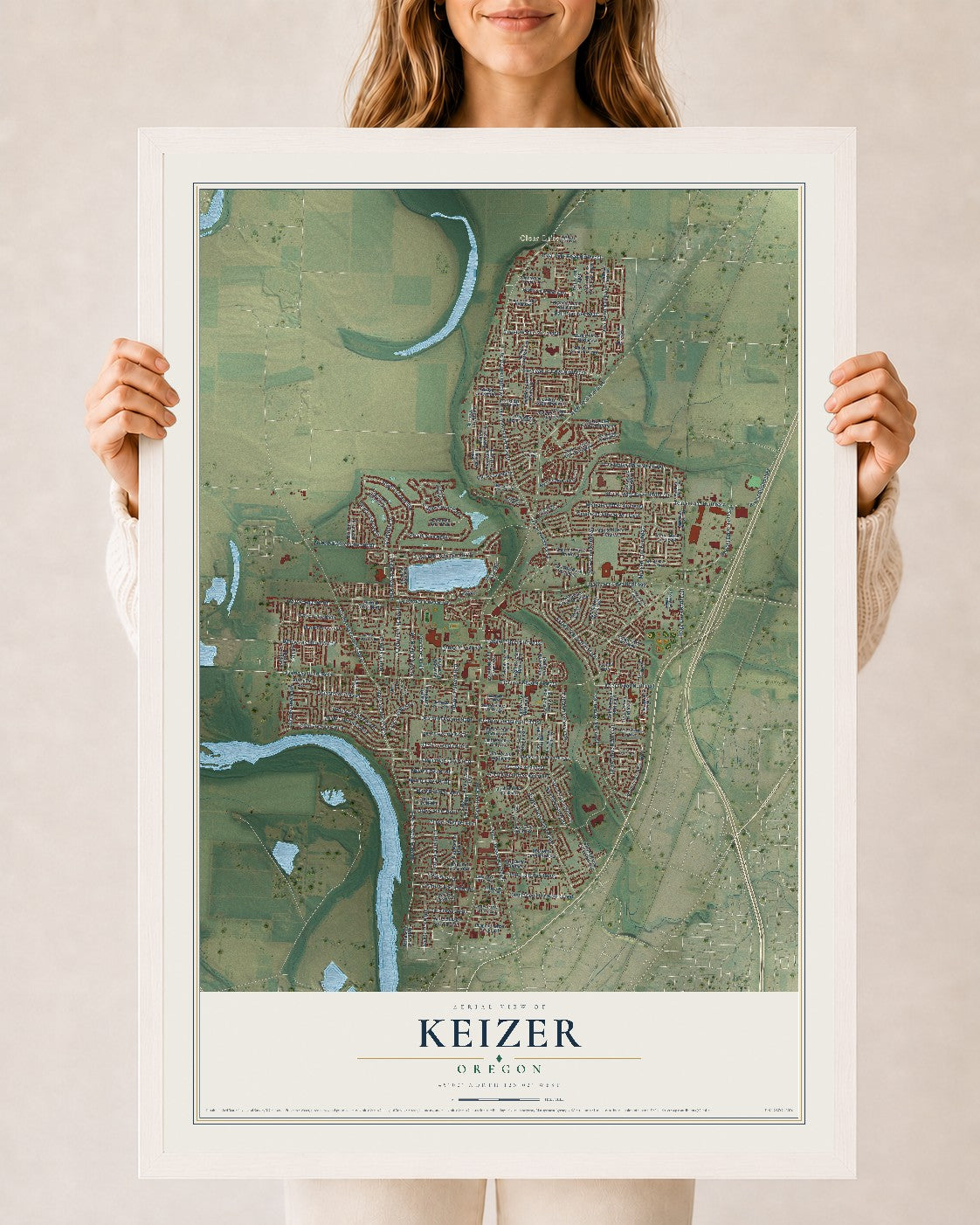 Map of Keizer, Oregon, 24 x 36 inch print in a white wood frame