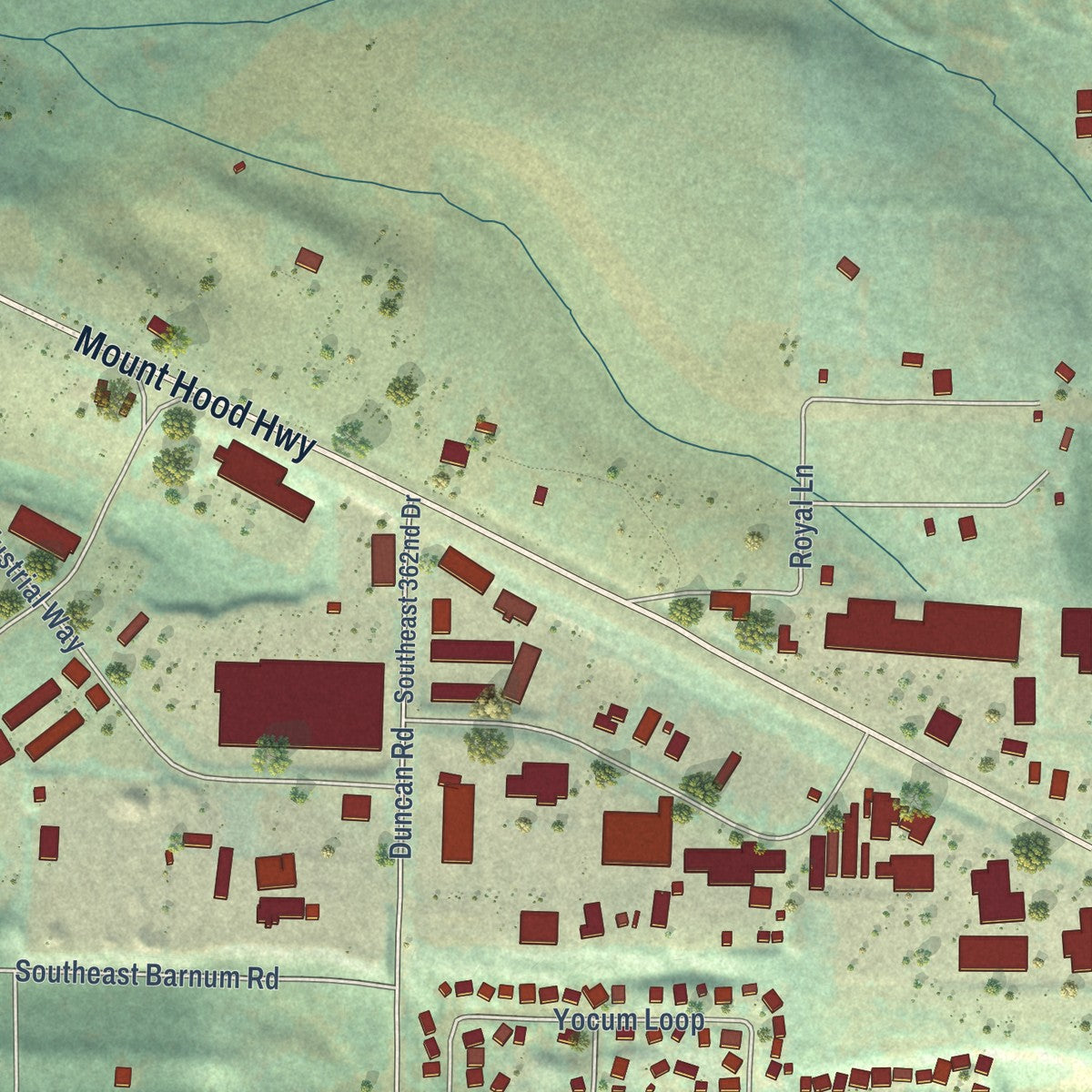 Close-up of the map of Kelso, Oregon print showing street and building detail