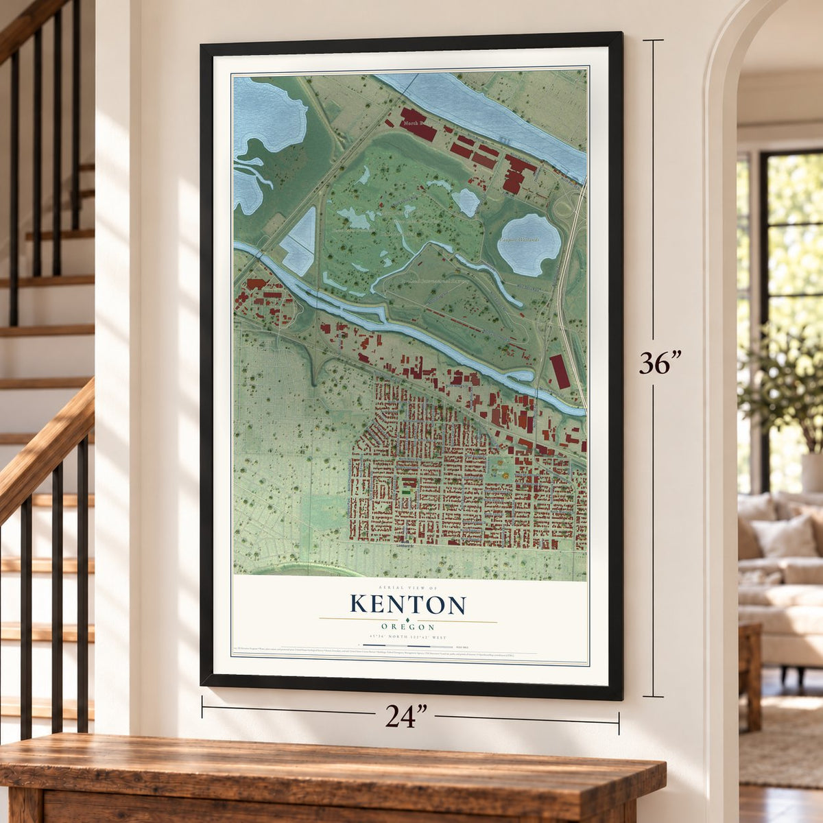Kenton, Oregon map, 24 x 36 inch print in a black frame by a staircase