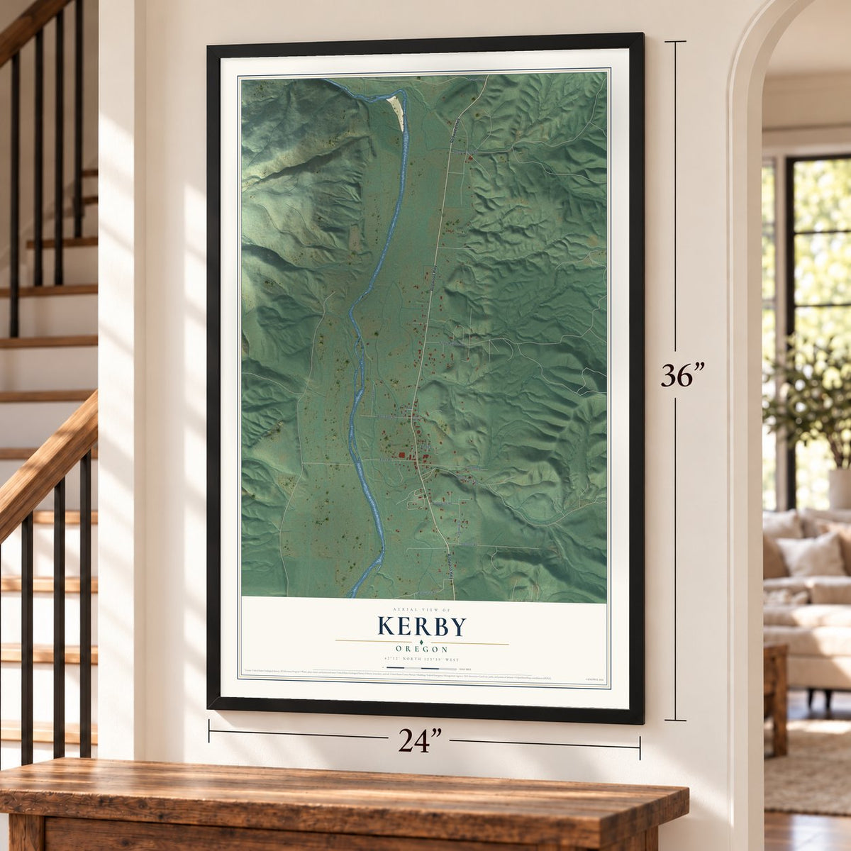 Kerby, Oregon map, 24 x 36 inch print in a black frame by a staircase