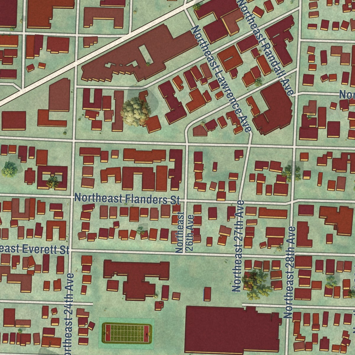 Close-up of the map of Kerns, Oregon print showing street and building detail