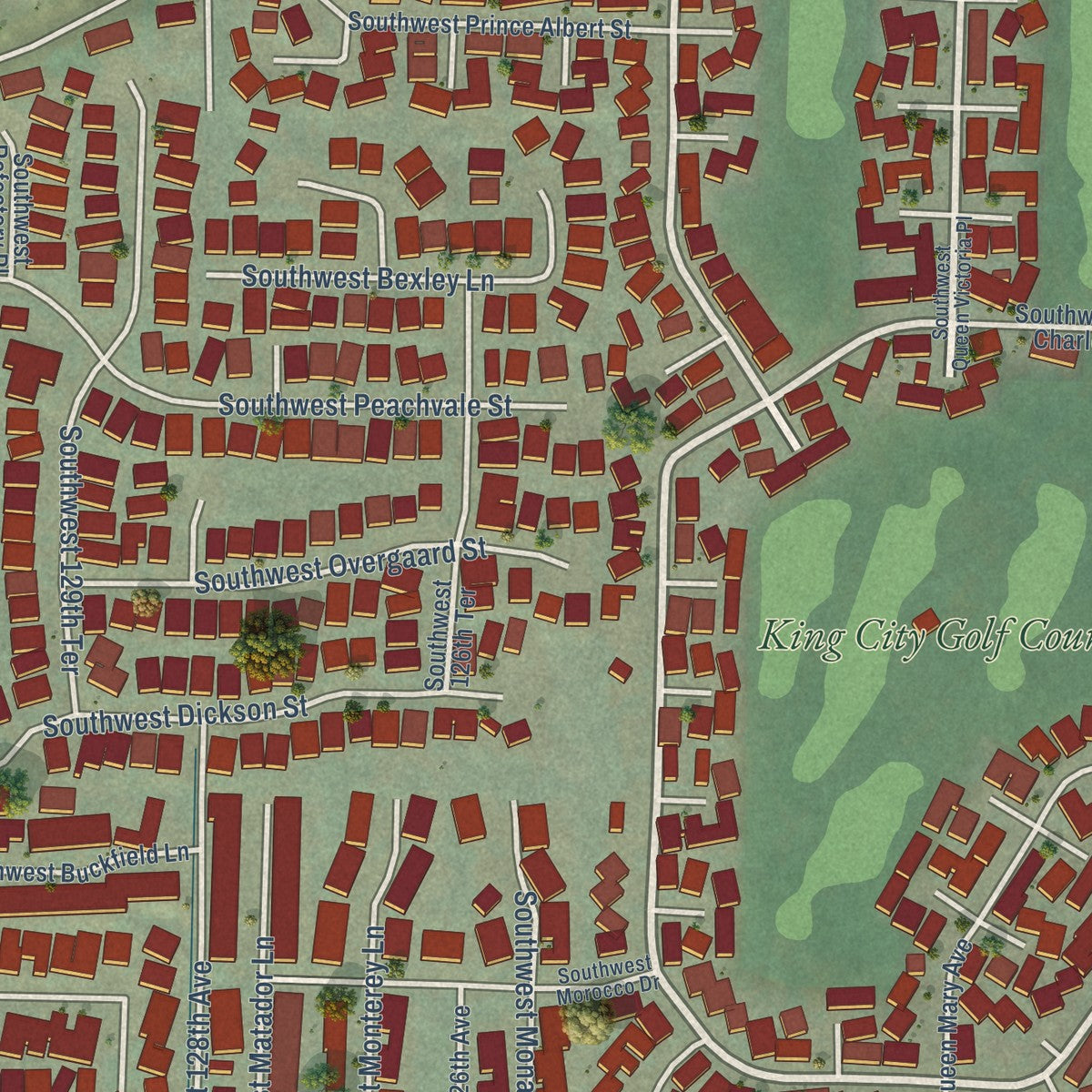 Close-up of the map of King City, Oregon print showing street and building detail