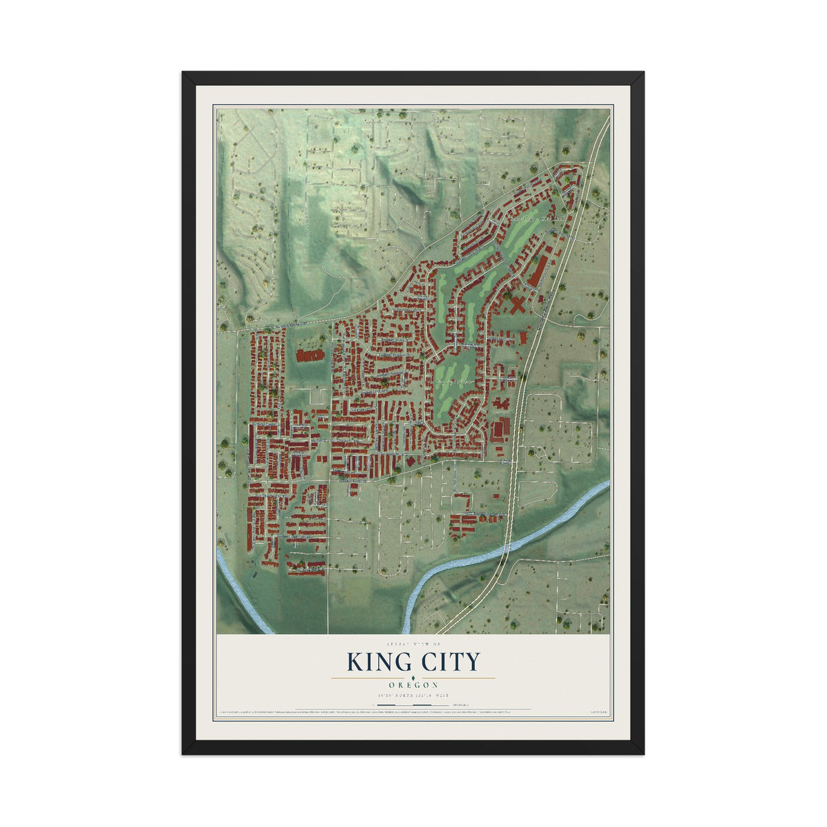 Map of King City, Oregon, 12 x 18 inch print in a black wood frame