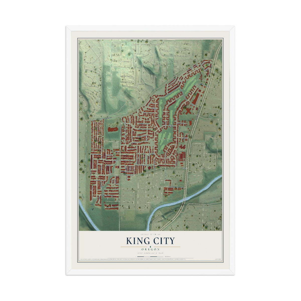 Map of King City, Oregon, 12 x 18 inch print in a white wood frame