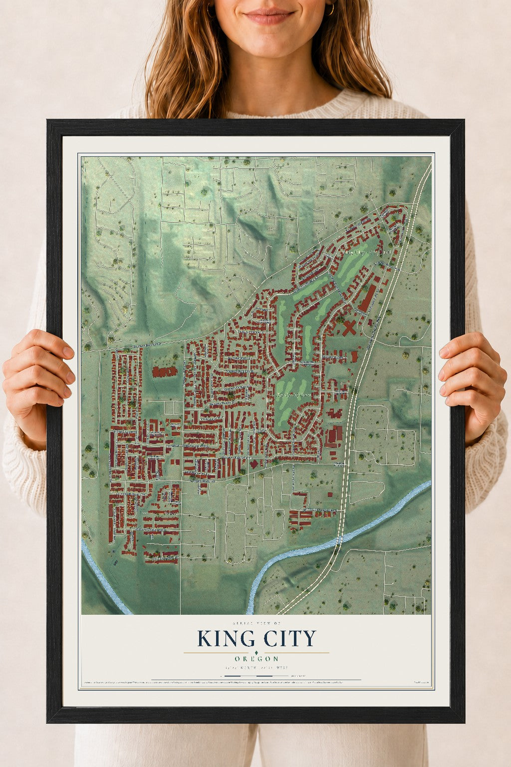 Map of King City, Oregon, 18 x 24 inch print in a black wood frame