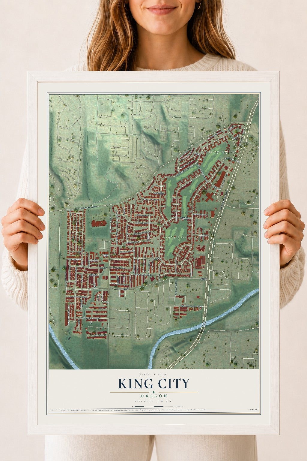 Map of King City, Oregon, 18 x 24 inch print in a white wood frame