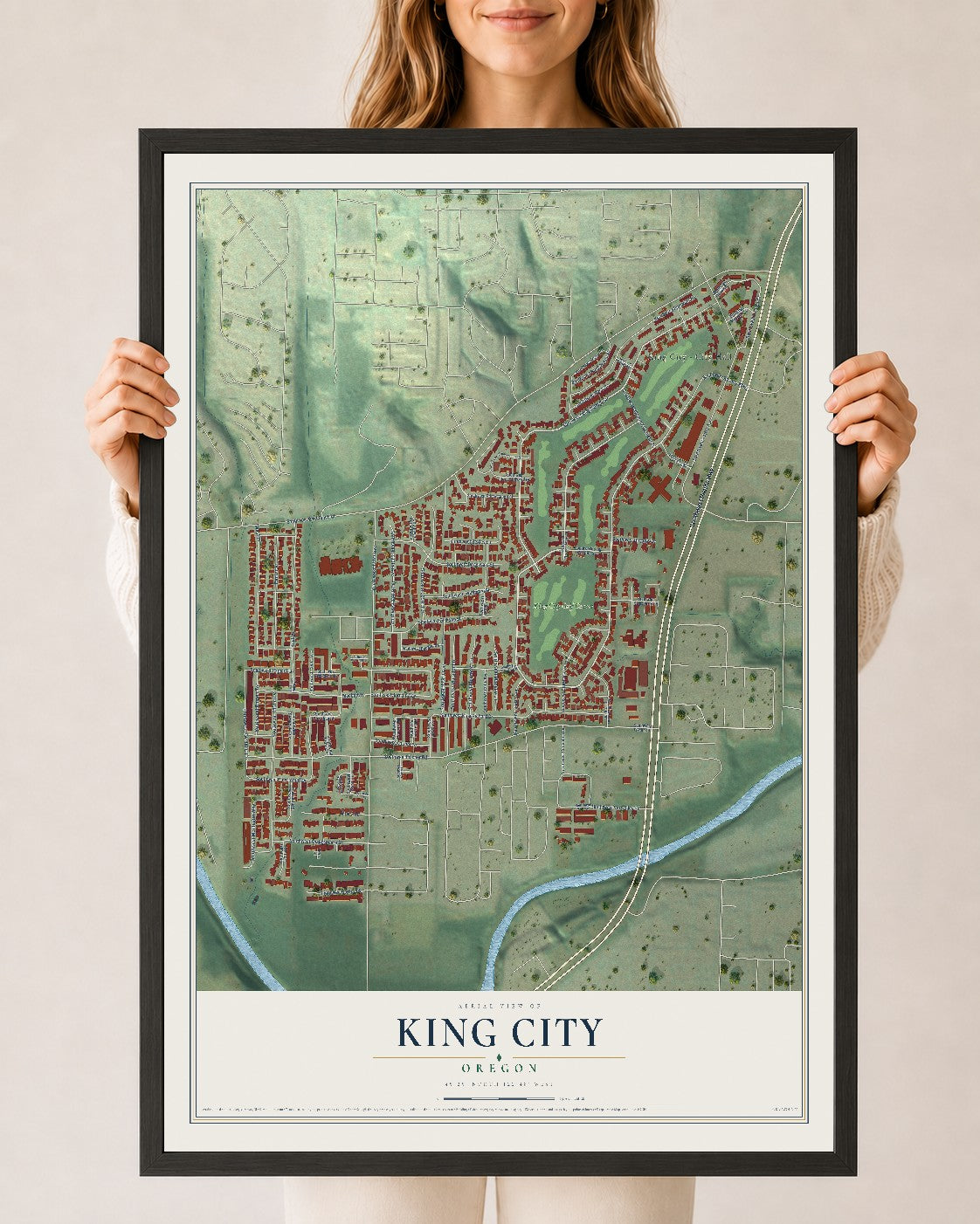 Map of King City, Oregon, 24 x 36 inch print in a black wood frame
