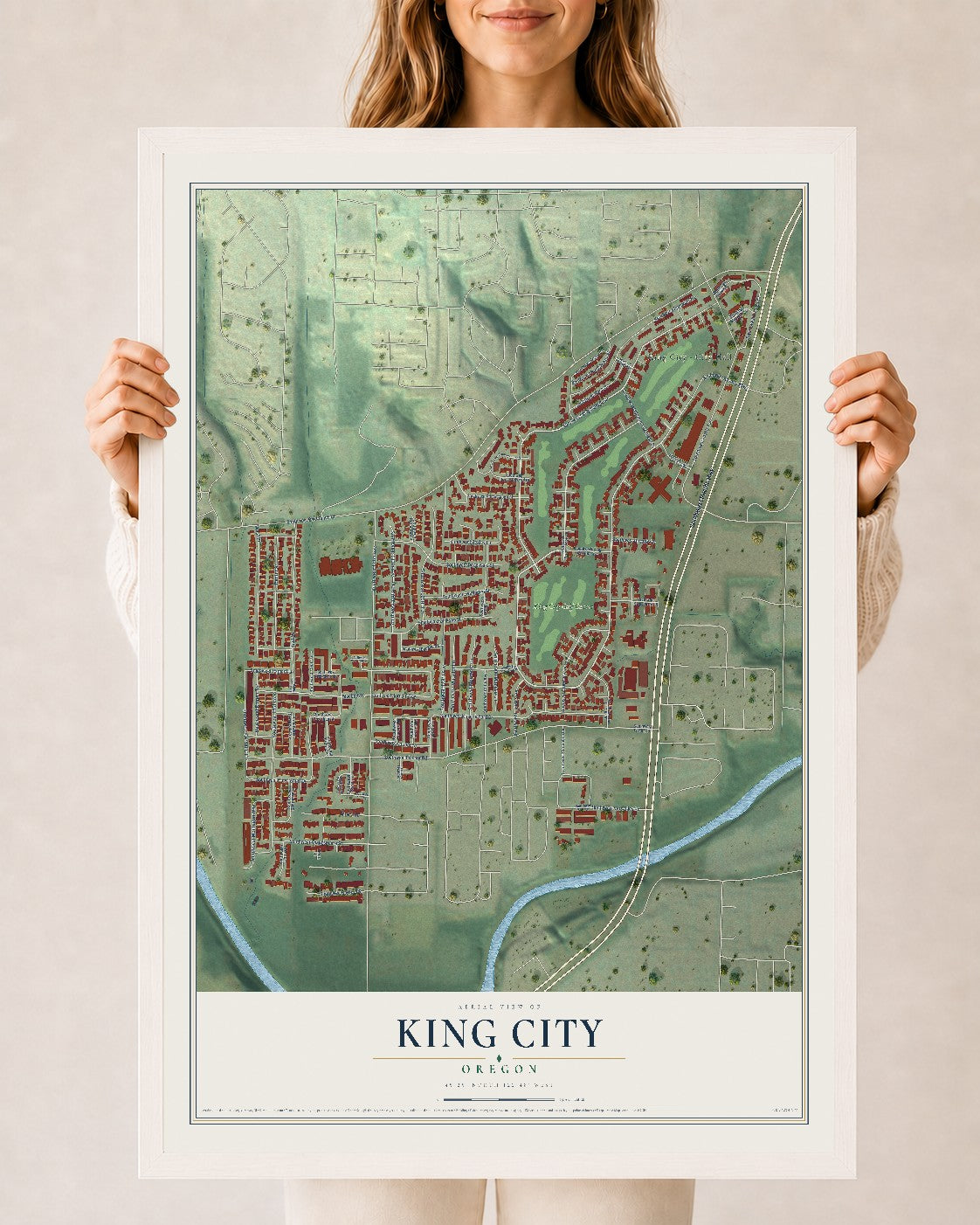 Map of King City, Oregon, 24 x 36 inch print in a white wood frame