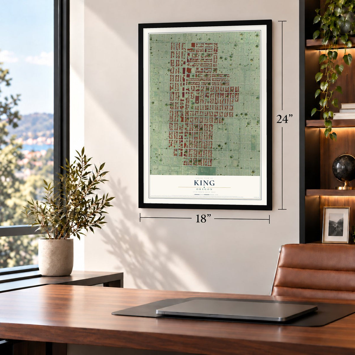 King, Oregon map, 18 x 24 inch print in a black frame in a home office