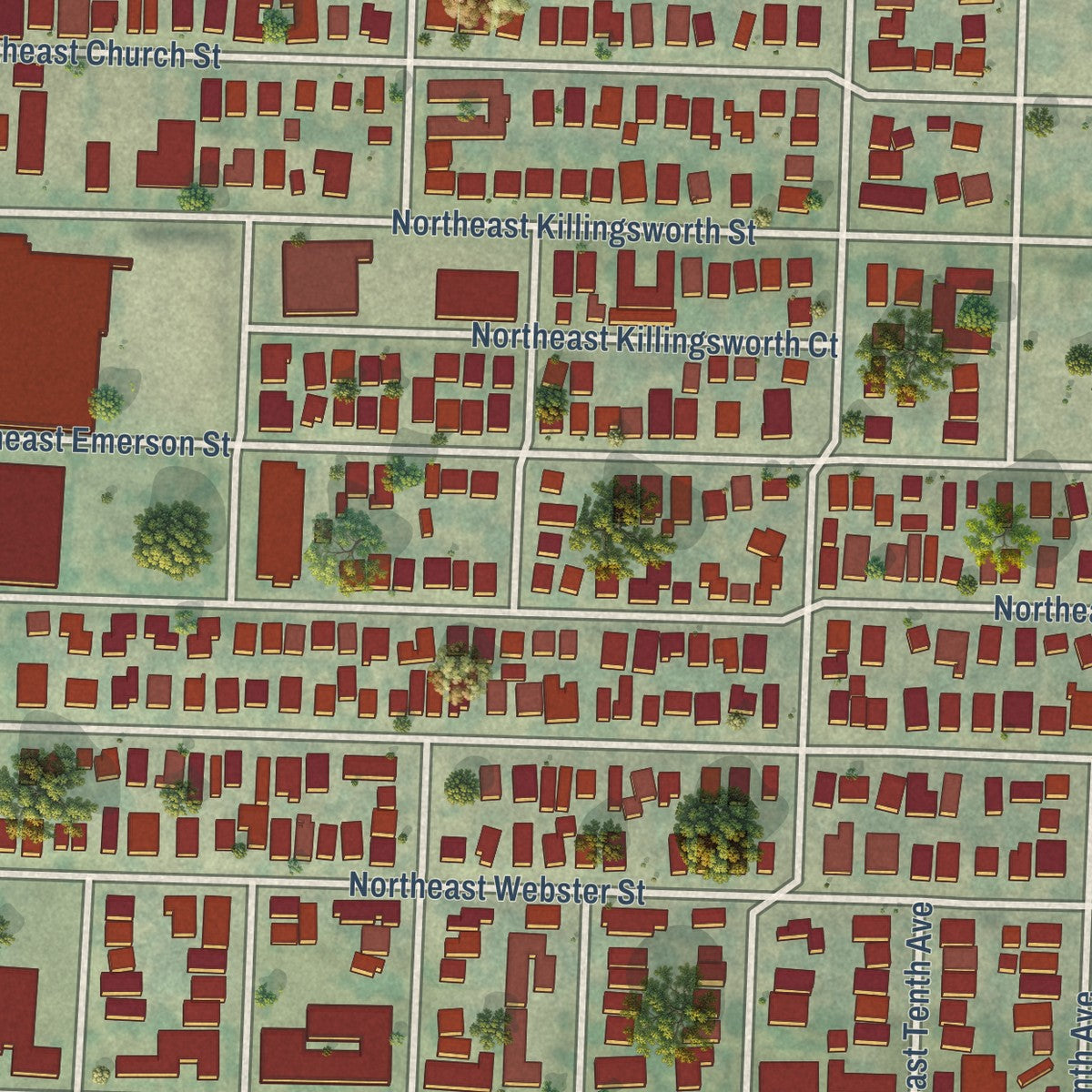 Close-up of the map of King, Oregon print showing street and building detail
