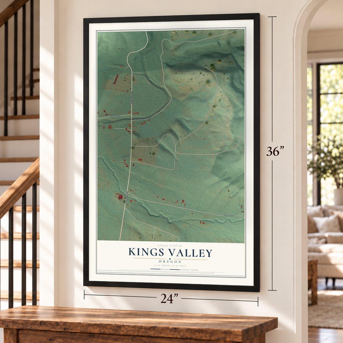 Kings Valley, Oregon map, 24 x 36 inch print in a black frame by a staircase
