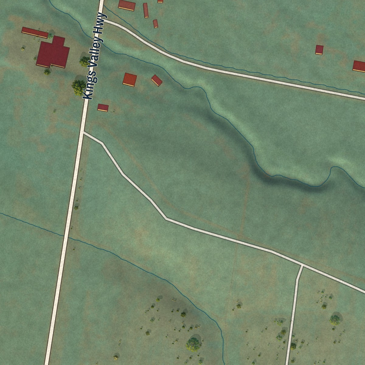 Close-up of the map of Kings Valley, Oregon print showing street and building detail