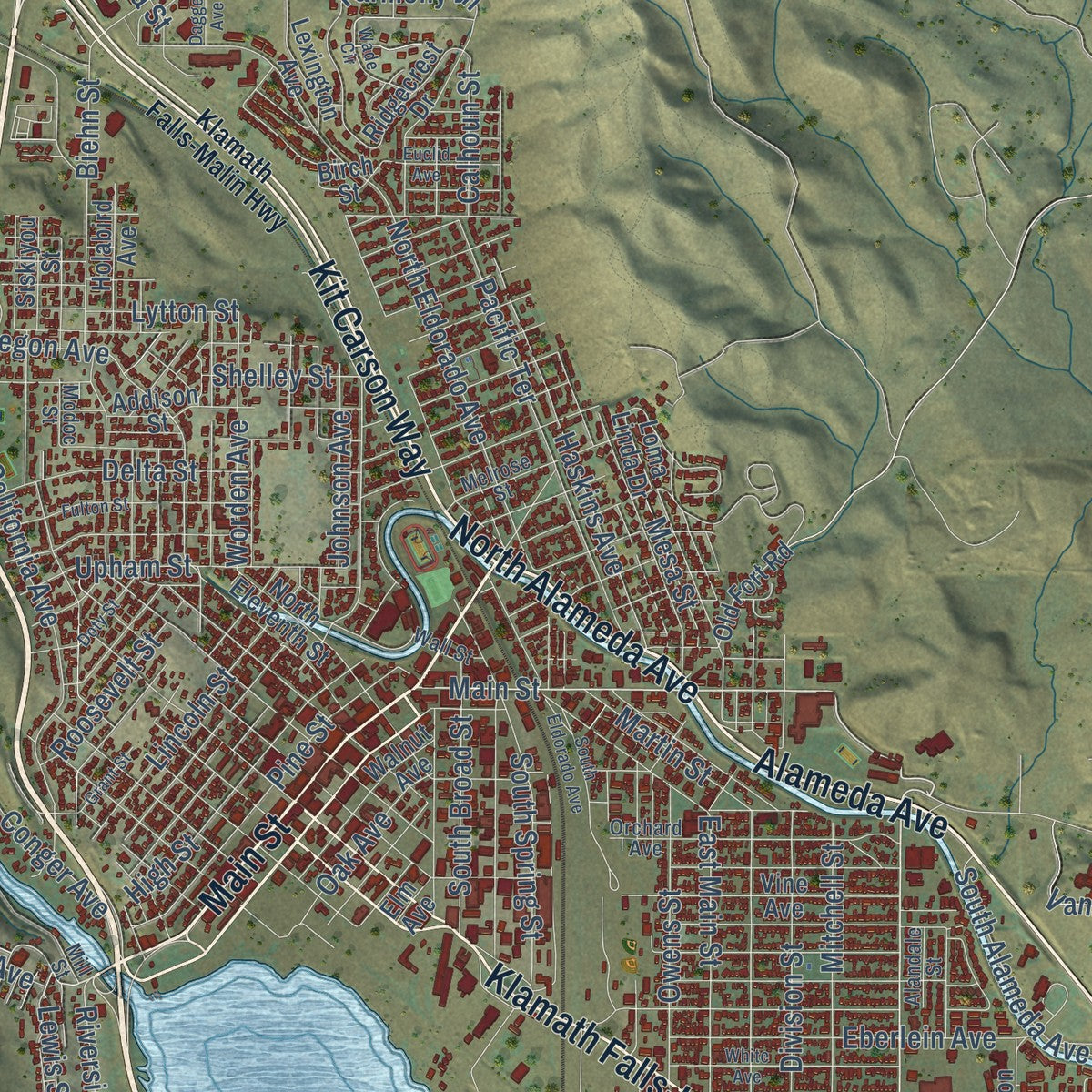 Close-up of the map of Klamath Falls, Oregon print showing street and building detail