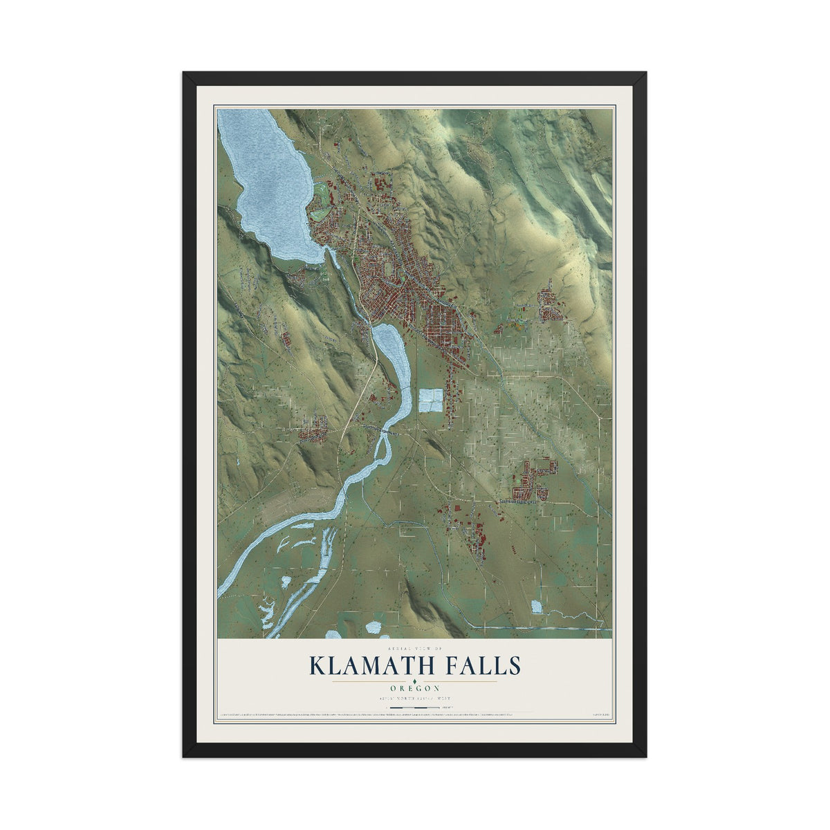 Map of Klamath Falls, Oregon, 12 x 18 inch print in a black wood frame