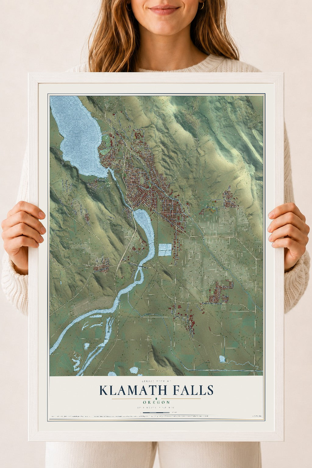 Map of Klamath Falls, Oregon, 18 x 24 inch print in a white wood frame
