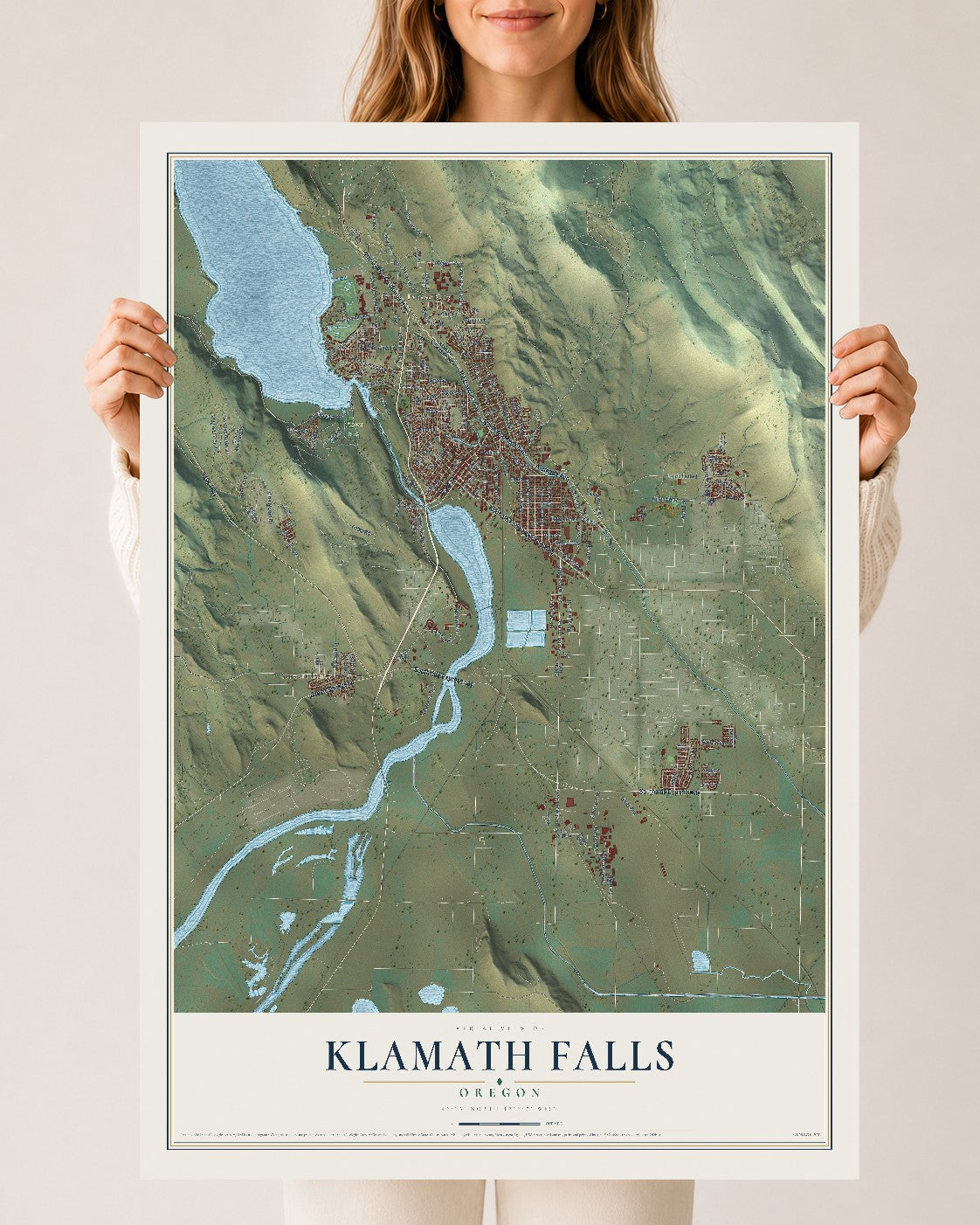 Map of Klamath Falls, Oregon, 24 x 36 inch unframed archival matte print
