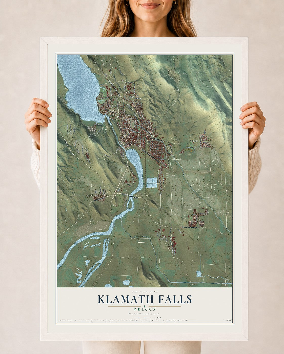 Map of Klamath Falls, Oregon, 24 x 36 inch print in a white wood frame