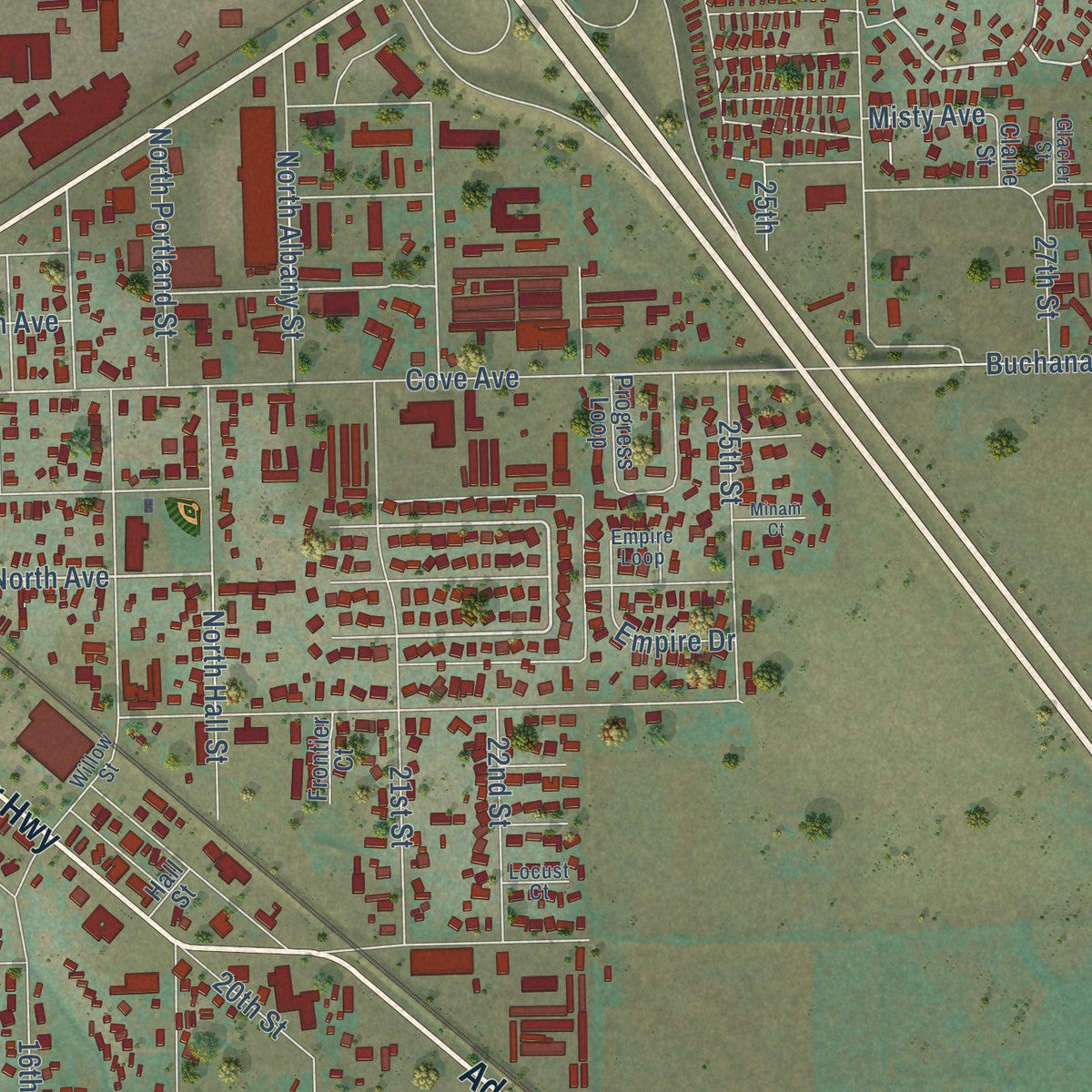 Second close-up of the map of La Grande, Oregon print showing more streets and buildings